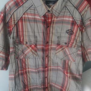 Harley-Davidson Red and Gray Plaid Casual Button Down Shirt